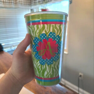 Green blue pink plastic tumbler with flower and letter A spring summer gift cute